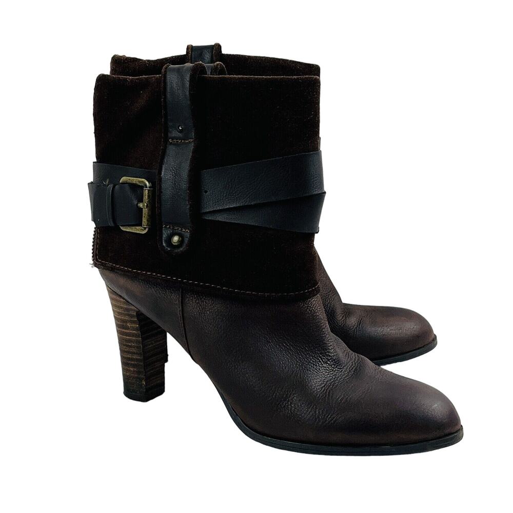 Womens 9.5M‎ Nine West Natica Boots Brown Leather 3" Heels Cuffed Buckle Zipper